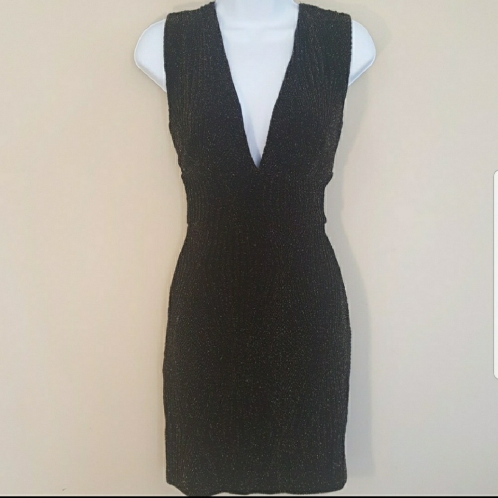 black & gold shimmer deep v cut dress